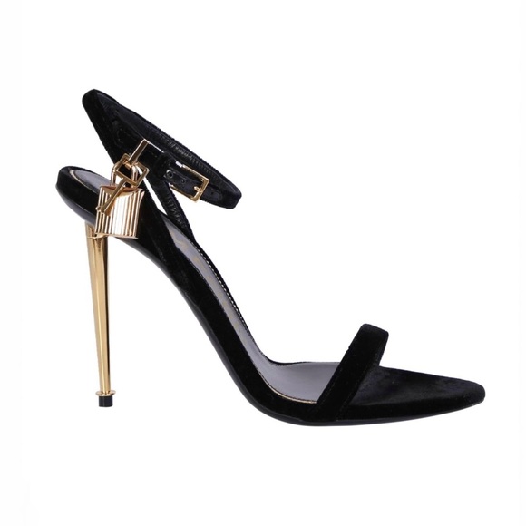 Tom Ford Black Velvet Padlock Sandals Heels  Size 38 - Picture 1 of 13